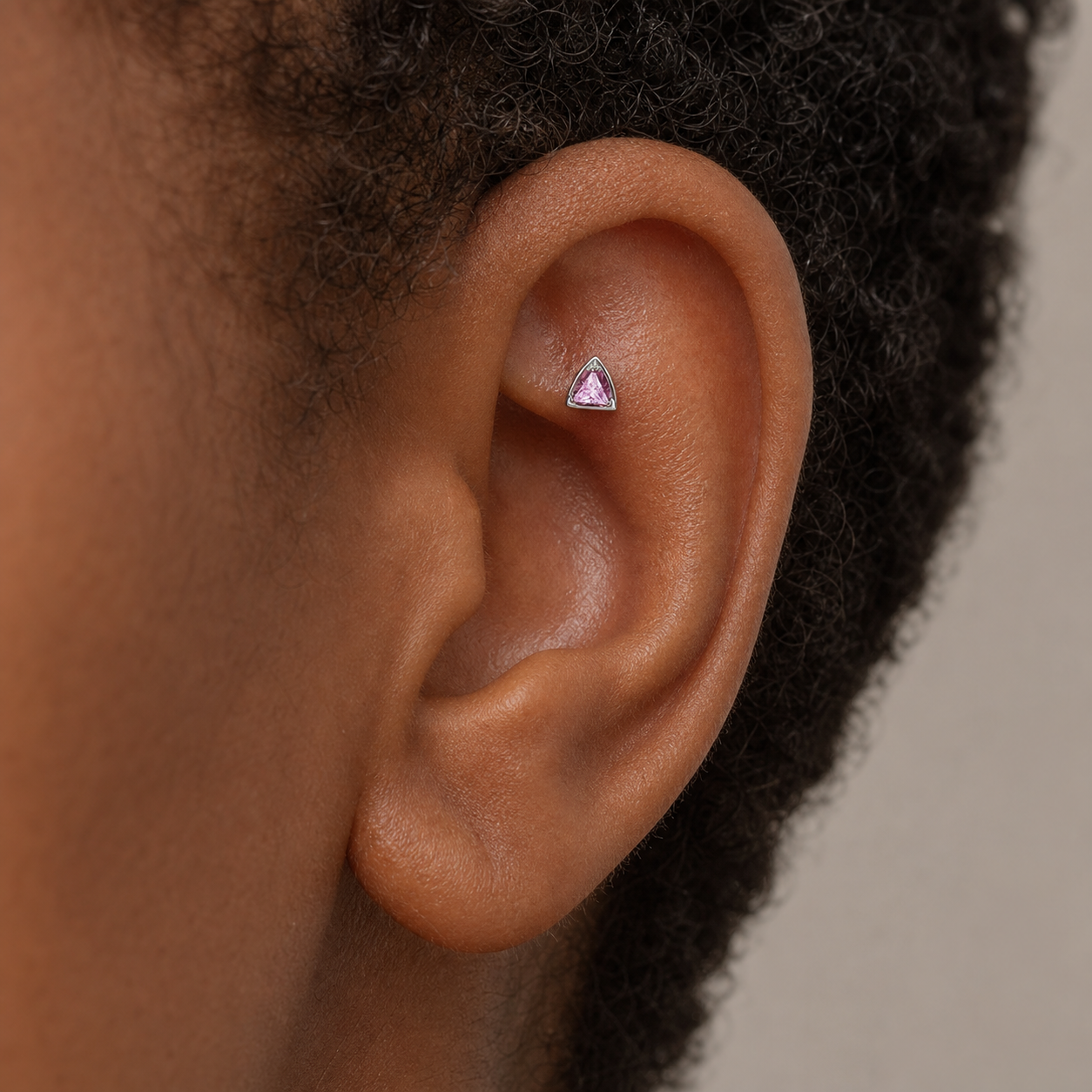 Pink CZ ASTM F136 Titanium Flat Back - Silver, Threadless, 16G, 1.2 x 8+4 mm — wearing view five (P-FB-0106-S01)