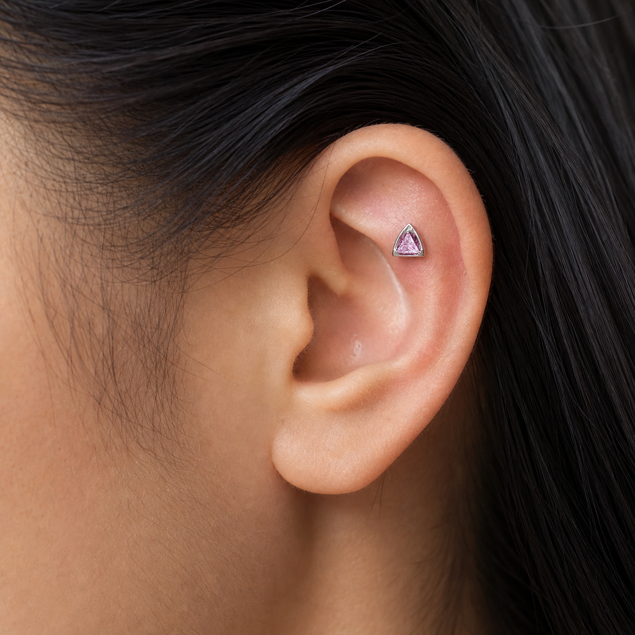 Pink CZ ASTM F136 Titanium Flat Back - Silver, Threadless, 16G, 1.2 x 8+4 mm — wearing view six (P-FB-0106-S01)