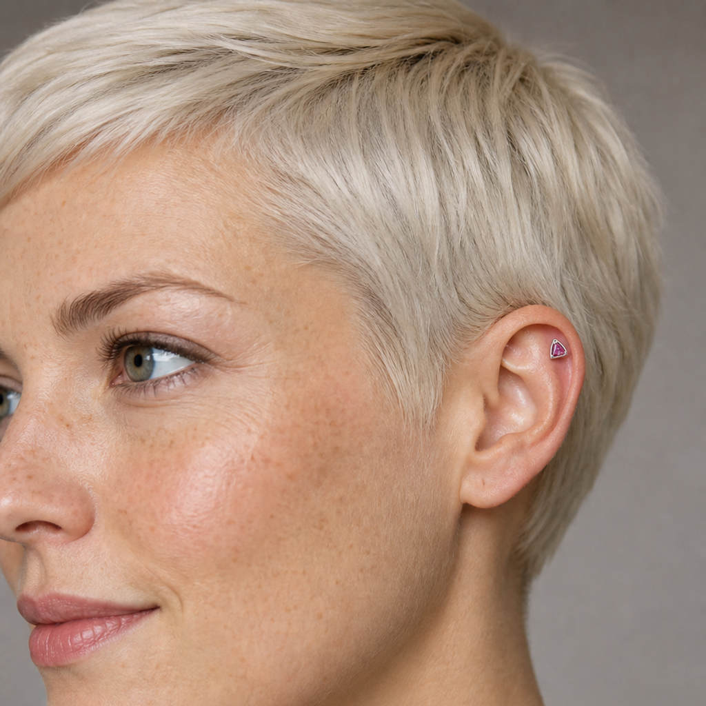 ROSE ASTM F136 Titanium Flat Back - Silver, Threadless, 16G, 1.2 x 8+4 mm — wearing view two (P-FB-0107-S01)