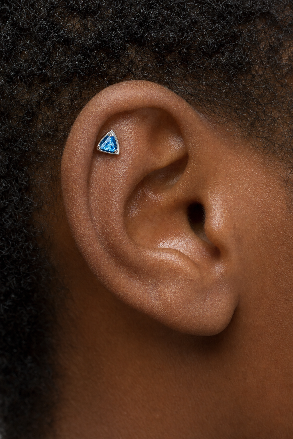 Blue CZ ASTM F136 Titanium Flat Back - Silver, Threadless, 16G, 1.2 x 8+4 mm — wearing view two (P-FB-0108-S01)