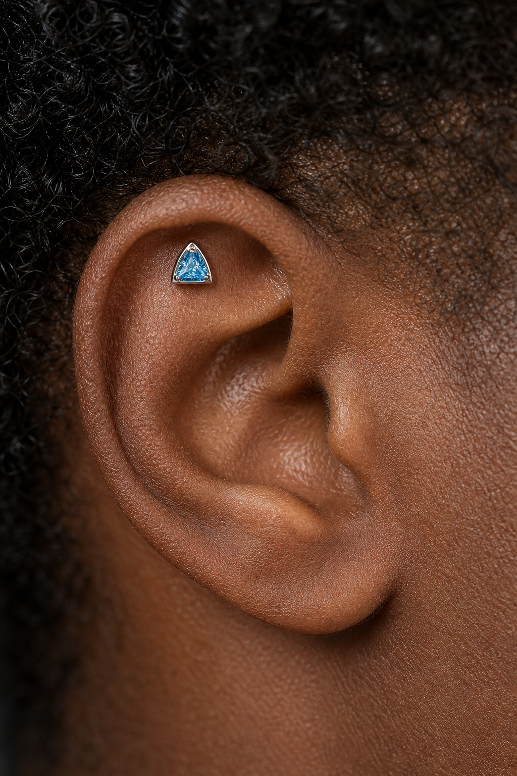 Blue CZ ASTM F136 Titanium Flat Back - Silver, Threadless, 16G, 1.2 x 8+4 mm — wearing view five (P-FB-0108-S01)