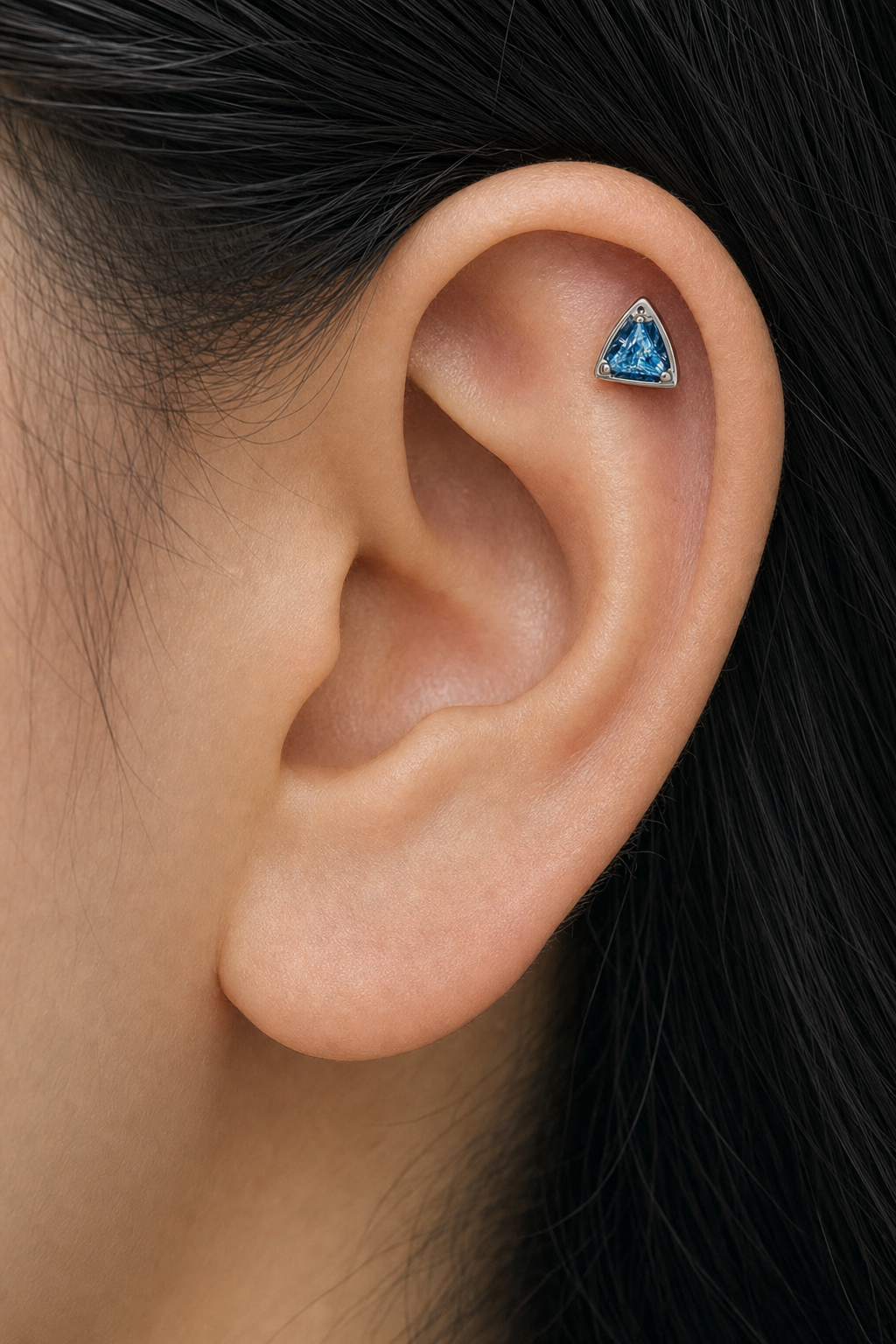 Blue CZ ASTM F136 Titanium Flat Back - Silver, Threadless, 16G, 1.2 x 8+4 mm — wearing view six (P-FB-0108-S01)