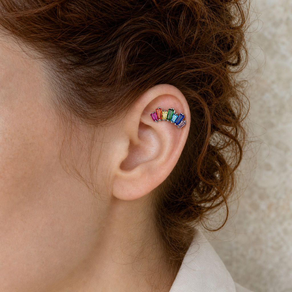 ASTM F136 Titanium Flat Back - Silver, Threadless, 20G, 0.8 x 6+4 mm — wearing view two (P-FB-0109-S01)