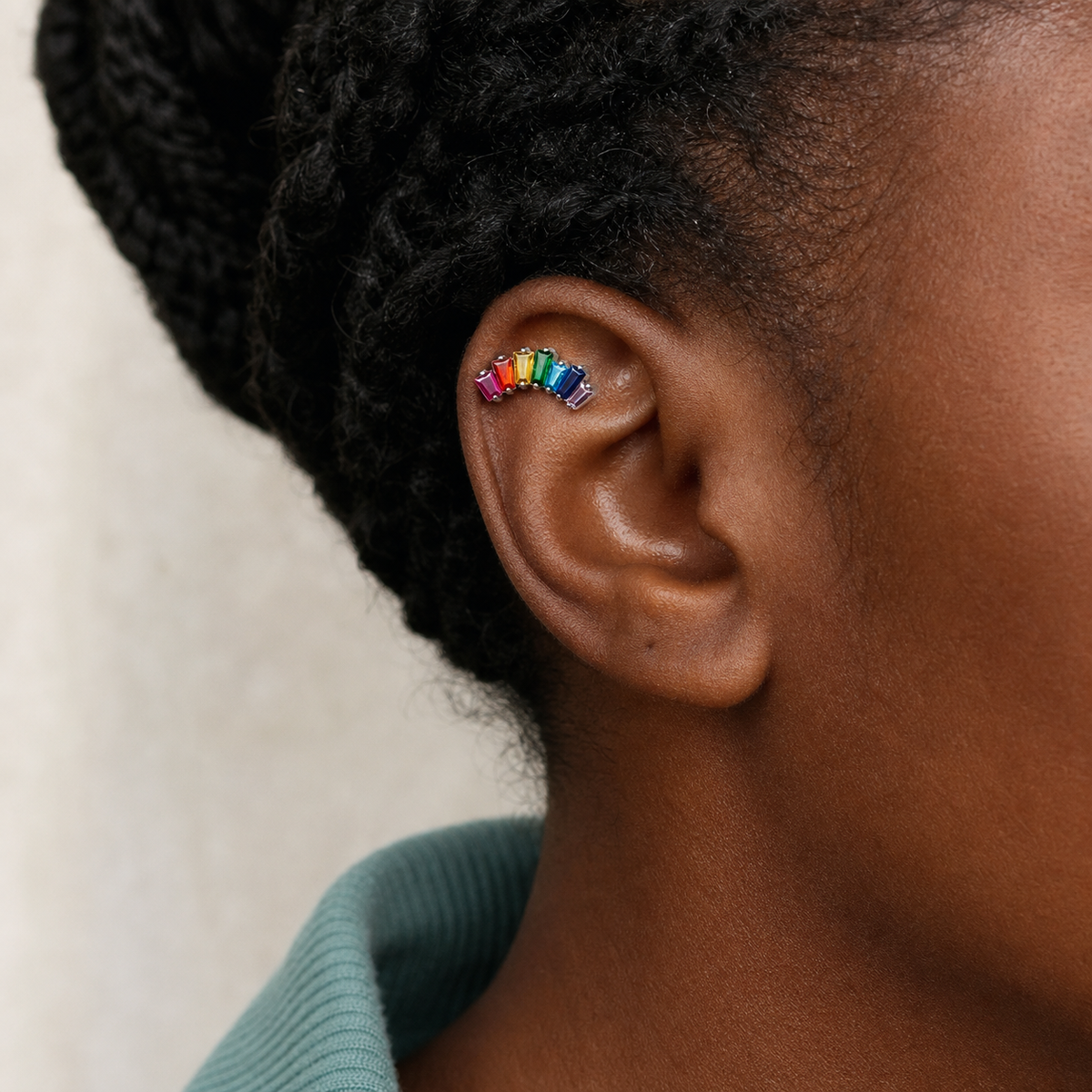 ASTM F136 Titanium Flat Back - Silver, Threadless, 20G, 0.8 x 6+4 mm — wearing view three (P-FB-0109-S01)