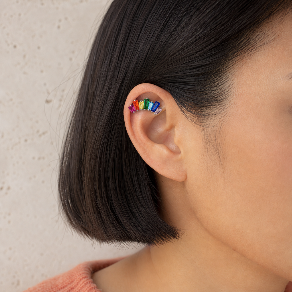 ASTM F136 Titanium Flat Back - Silver, Threadless, 20G, 0.8 x 6+4 mm — wearing view four (P-FB-0109-S01)