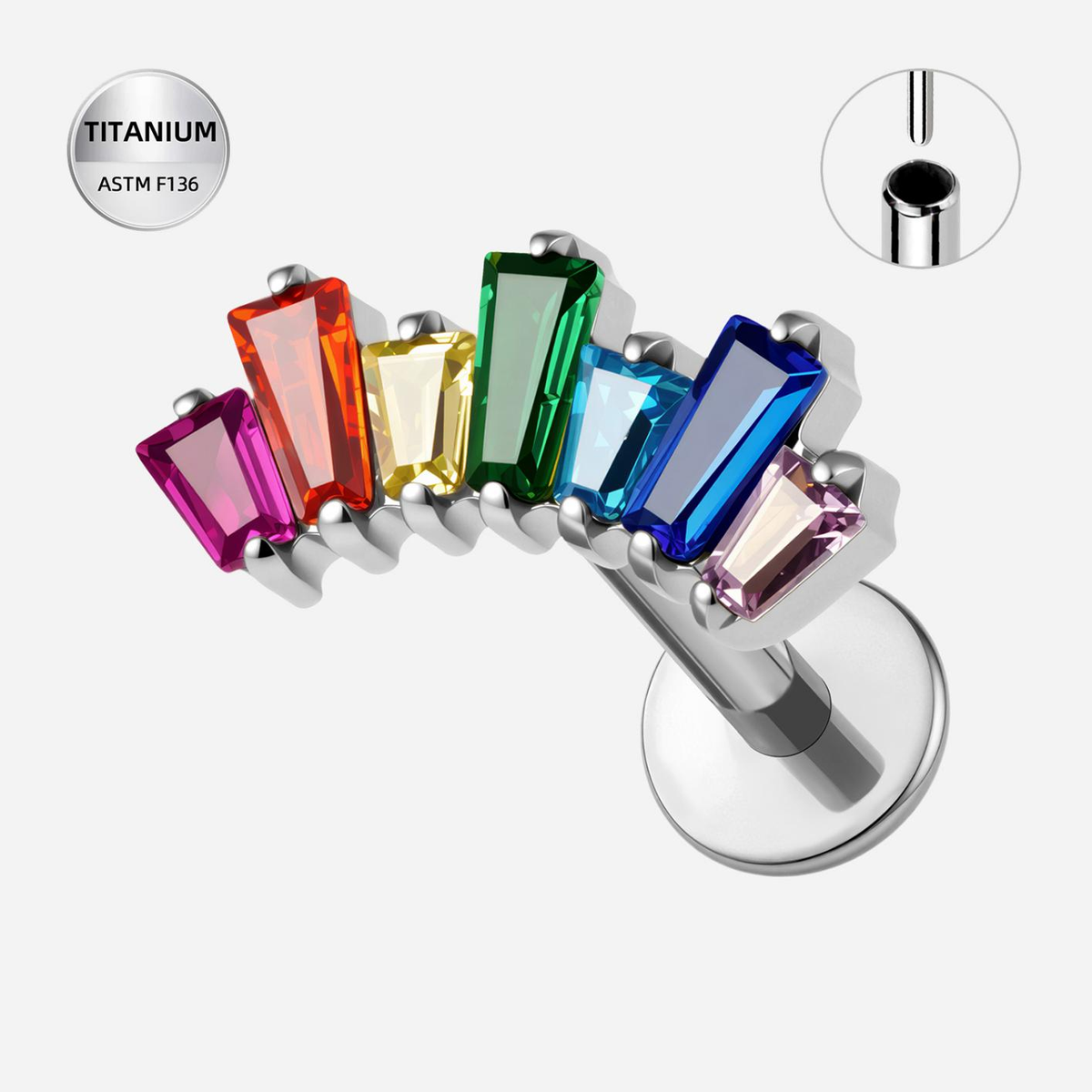 ASTM F136 Titanium Flat Back - Silver, Threadless, 20G, 0.8 x 6+4 mm — product detail views (P-FB-0109-S01)