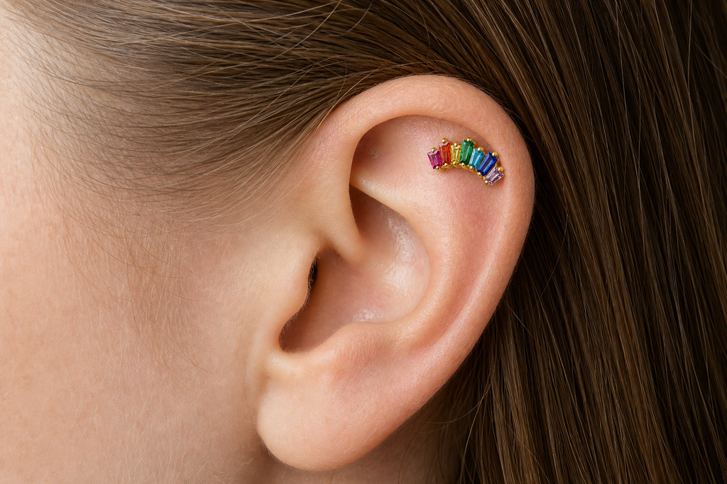 ASTM F136 Titanium Flat Back - Gold, Threadless, 20G, 0.8 x 6+4 mm — wearing view one (P-FB-0110-G01)