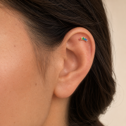 ASTM F136 Titanium Flat Back - Gold, Threadless, 20G, 0.8 x 6+4 mm — wearing view one (P-FB-0110-G01)