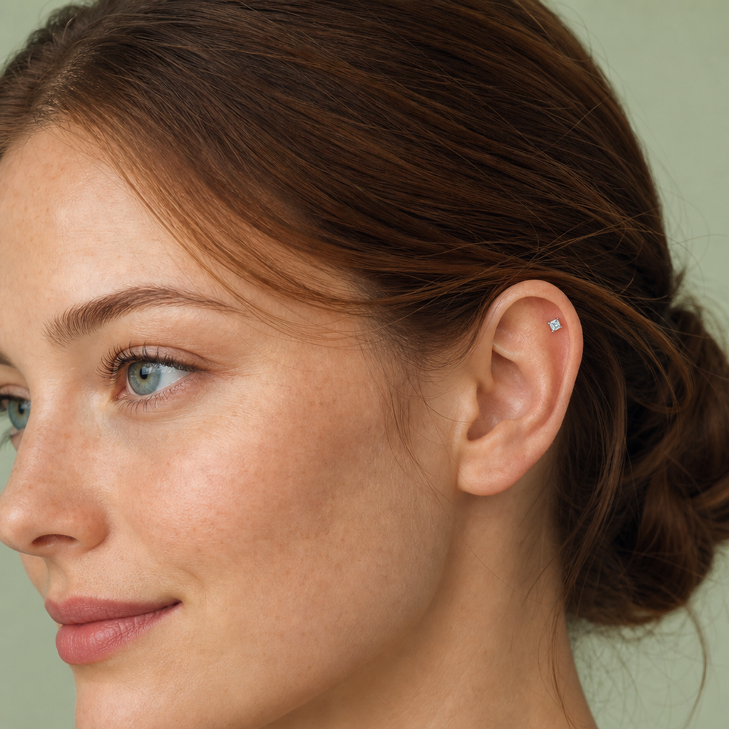 Light Blue ASTM F136 Titanium Flat Back - Silver, Threadless, 20G, 0.8 x 6+2.5+3 mm — wearing view two (P-FB-0111-S01)