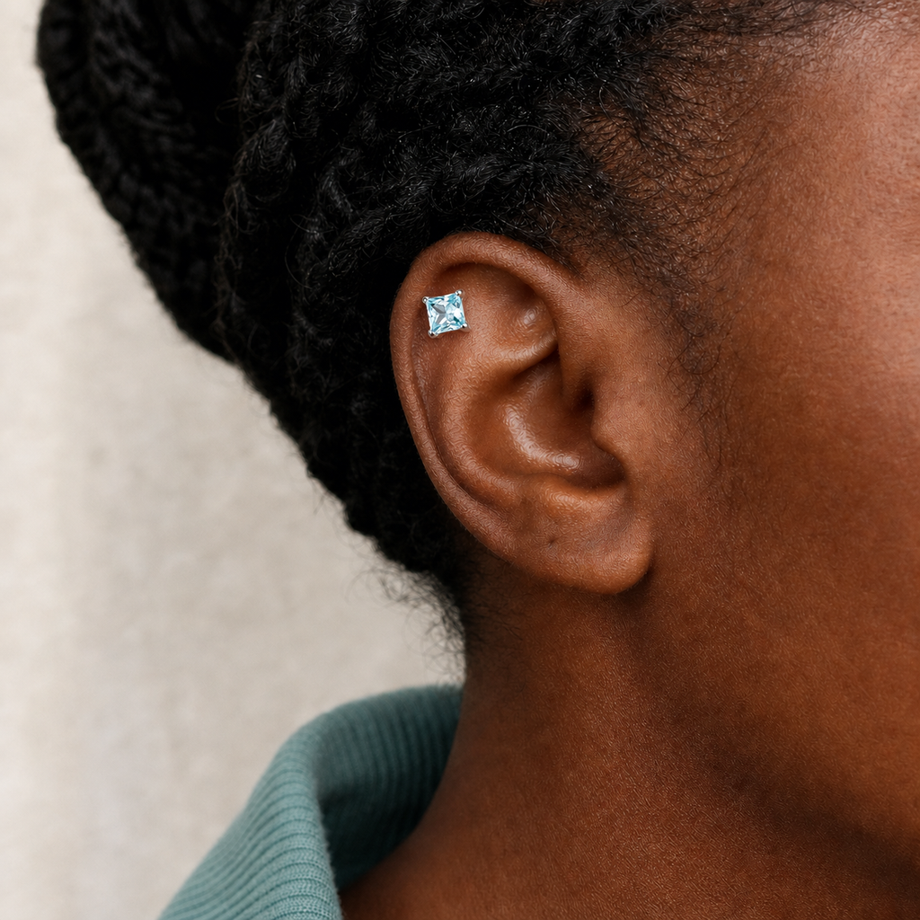 Light Blue ASTM F136 Titanium Flat Back - Silver, Threadless, 20G, 0.8 x 6+2.5+3 mm — wearing view two (P-FB-0111-S01)
