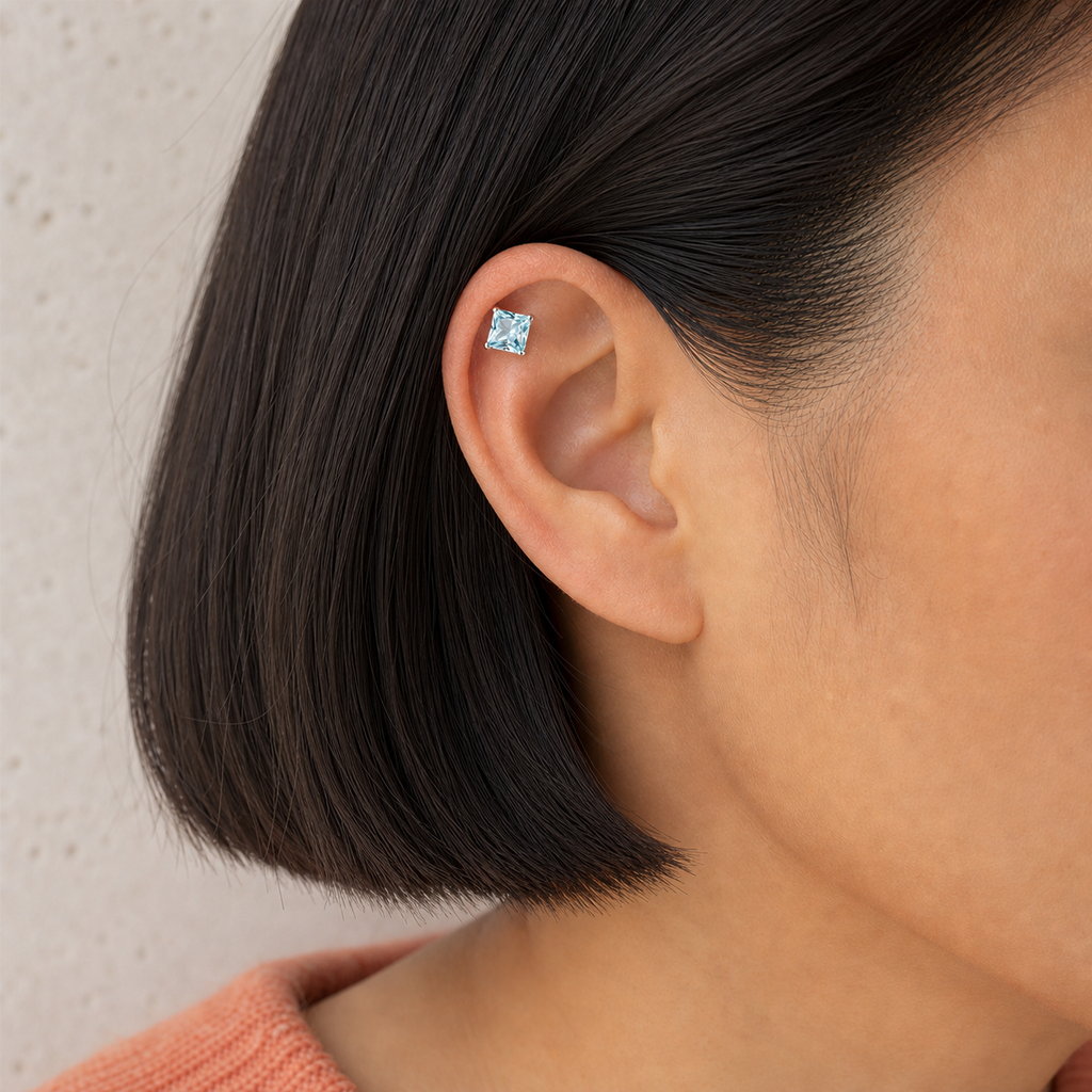 Light Blue ASTM F136 Titanium Flat Back - Silver, Threadless, 20G, 0.8 x 6+2.5+3 mm — wearing view three (P-FB-0111-S01)