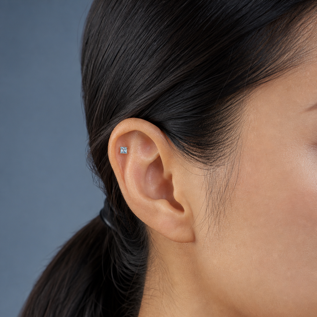 Light Blue ASTM F136 Titanium Flat Back - Silver, Threadless, 20G, 0.8 x 6+2.5+3 mm — wearing view four (P-FB-0111-S01)