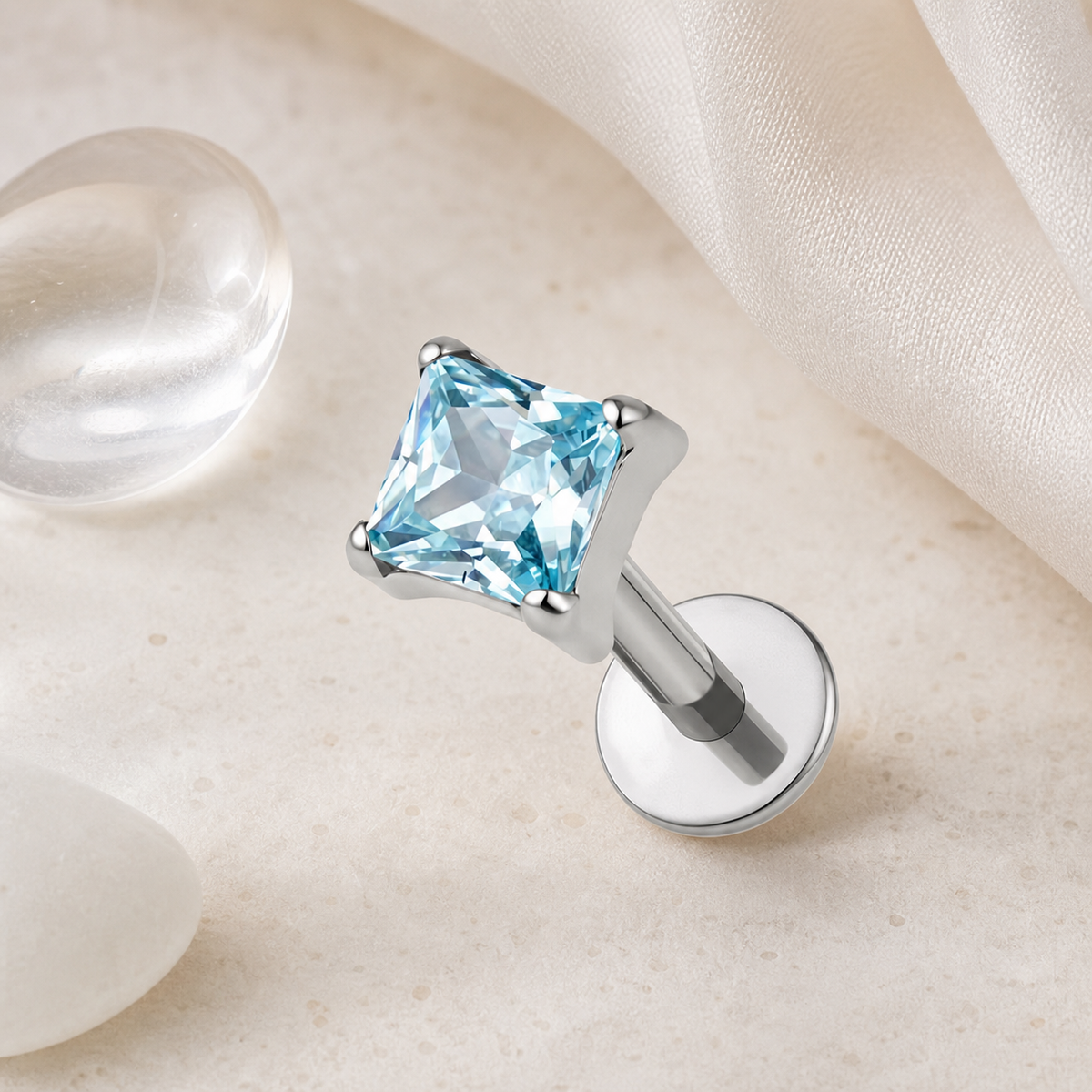 Light Blue ASTM F136 Titanium Flat Back - Silver, Threadless, 20G, 0.8 x 6+2.5+3 mm — styled flat lay (P-FB-0111-S01)