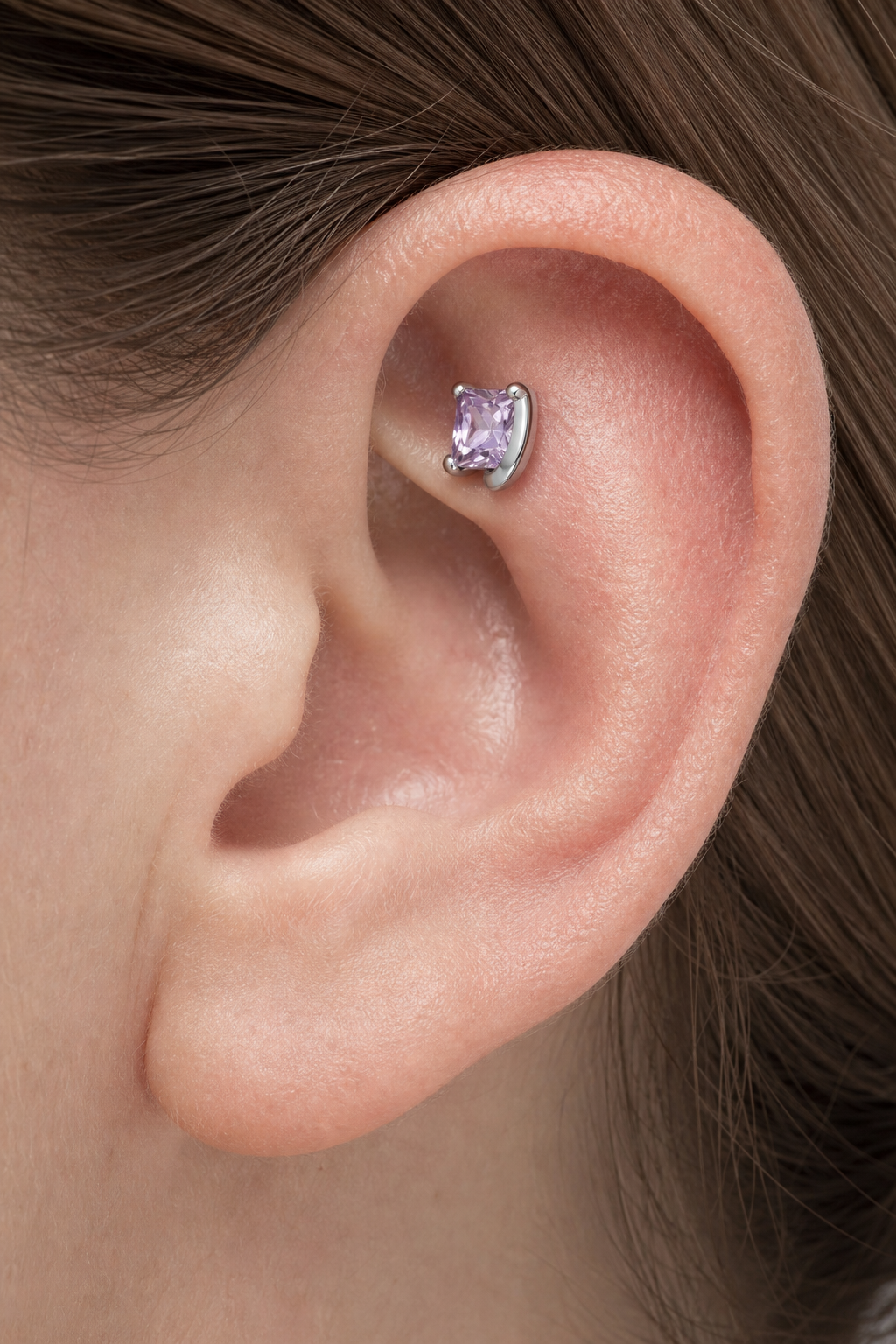 Light Purple ASTM F136 Titanium Flat Back - Silver, Threadless, 20G, 0.8 x 6+2.5+3 mm — wearing view one (P-FB-0112-S01)