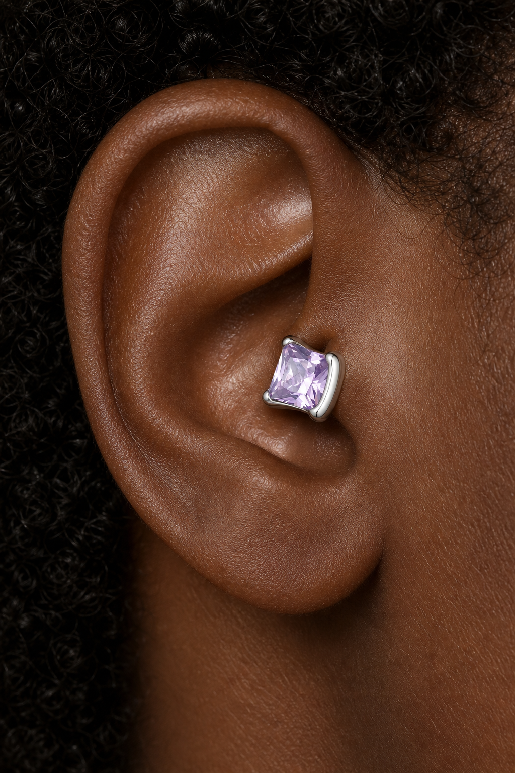 Light Purple ASTM F136 Titanium Flat Back - Silver, Threadless, 20G, 0.8 x 6+2.5+3 mm — wearing view two (P-FB-0112-S01)