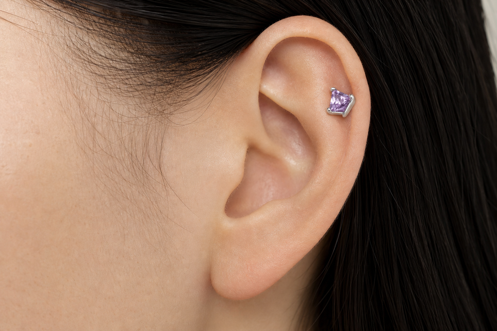 Light Purple ASTM F136 Titanium Flat Back - Silver, Threadless, 20G, 0.8 x 6+2.5+3 mm — wearing view three (P-FB-0112-S01)