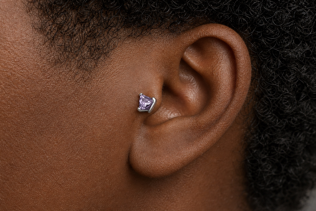 Light Purple ASTM F136 Titanium Flat Back - Silver, Threadless, 20G, 0.8 x 6+2.5+3 mm — wearing view five (P-FB-0112-S01)
