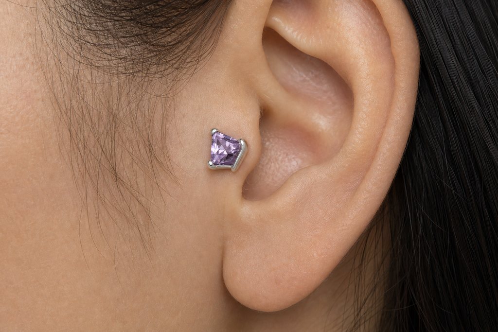 Light Purple ASTM F136 Titanium Flat Back - Silver, Threadless, 20G, 0.8 x 6+2.5+3 mm — wearing view six (P-FB-0112-S01)