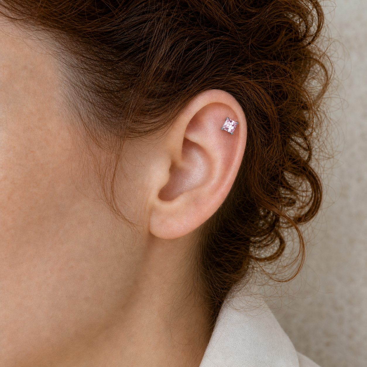 pink ASTM F136 Titanium Flat Back - Silver, Threadless, 20G, 0.8 x 6+2.5+3 mm — wearing view one (P-FB-0113-S01)