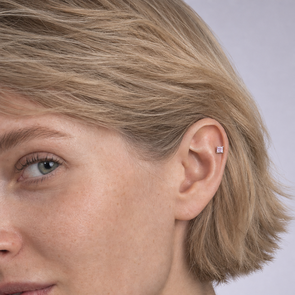 pink ASTM F136 Titanium Flat Back - Silver, Threadless, 20G, 0.8 x 6+2.5+3 mm — wearing view two (P-FB-0113-S01)