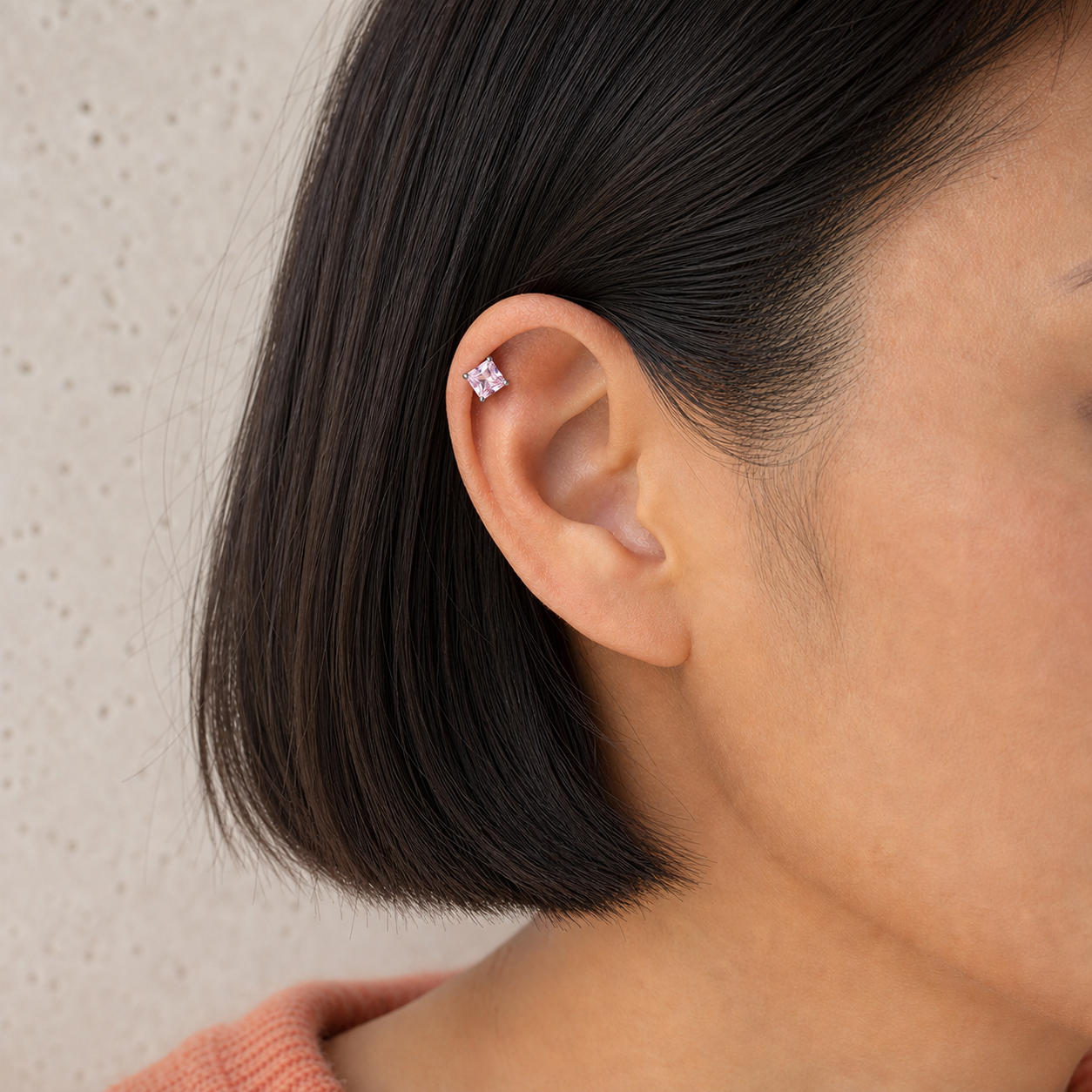 pink ASTM F136 Titanium Flat Back - Silver, Threadless, 20G, 0.8 x 6+2.5+3 mm — wearing view three (P-FB-0113-S01)