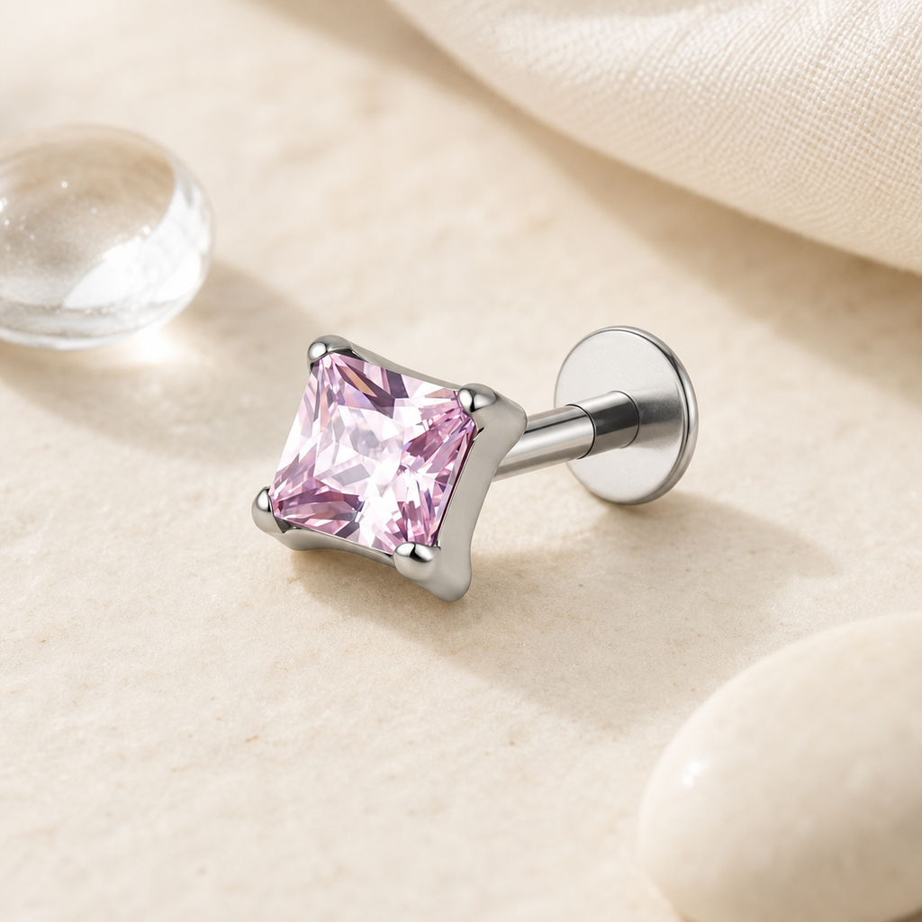 pink ASTM F136 Titanium Flat Back - Silver, Threadless, 20G, 0.8 x 6+2.5+3 mm — styled flat lay (P-FB-0113-S01)