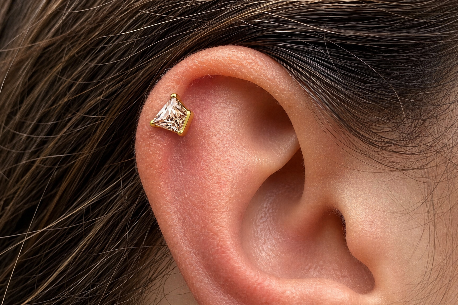 Champagne ASTM F136 Titanium Flat Back - Gold, Threadless, 20G, 0.8 x 6+2.5+3 mm — wearing view one (P-FB-0114-G01)