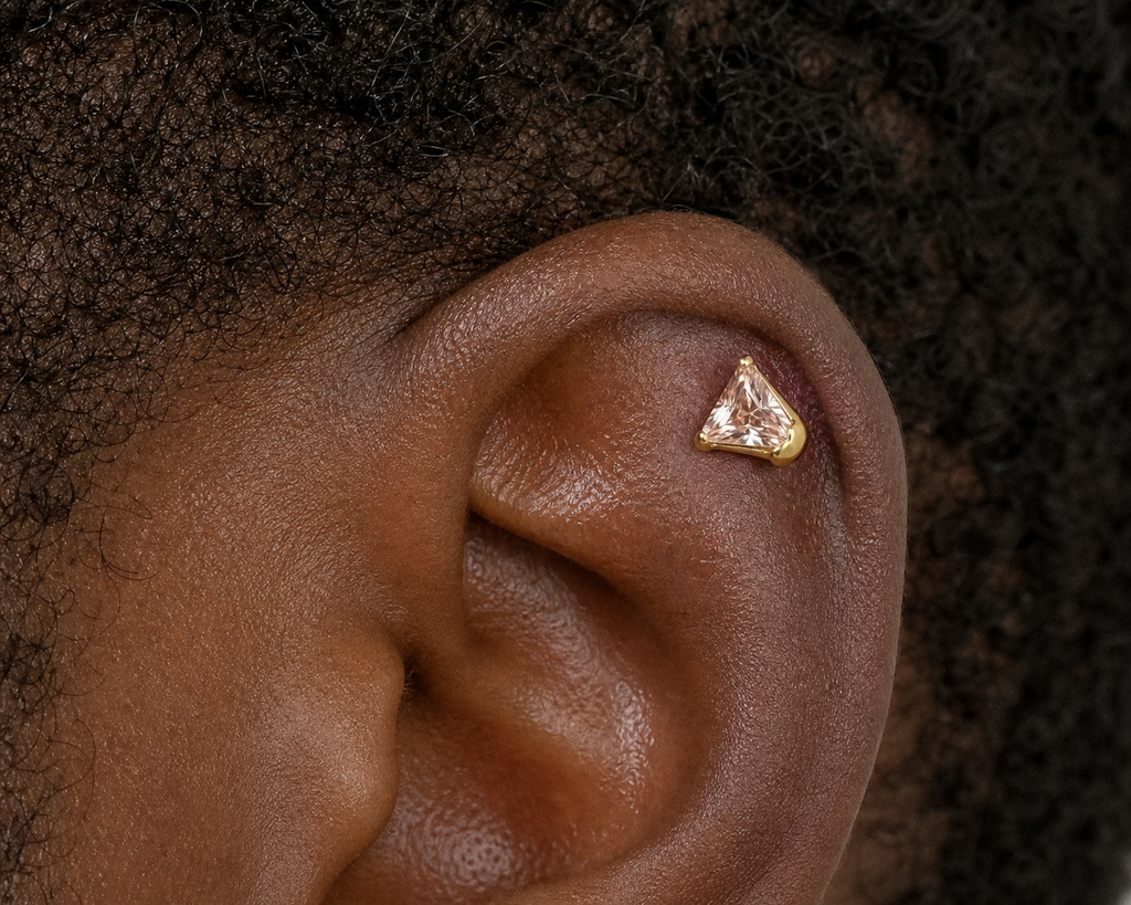 Champagne ASTM F136 Titanium Flat Back - Gold, Threadless, 20G, 0.8 x 6+2.5+3 mm — wearing view five (P-FB-0114-G01)