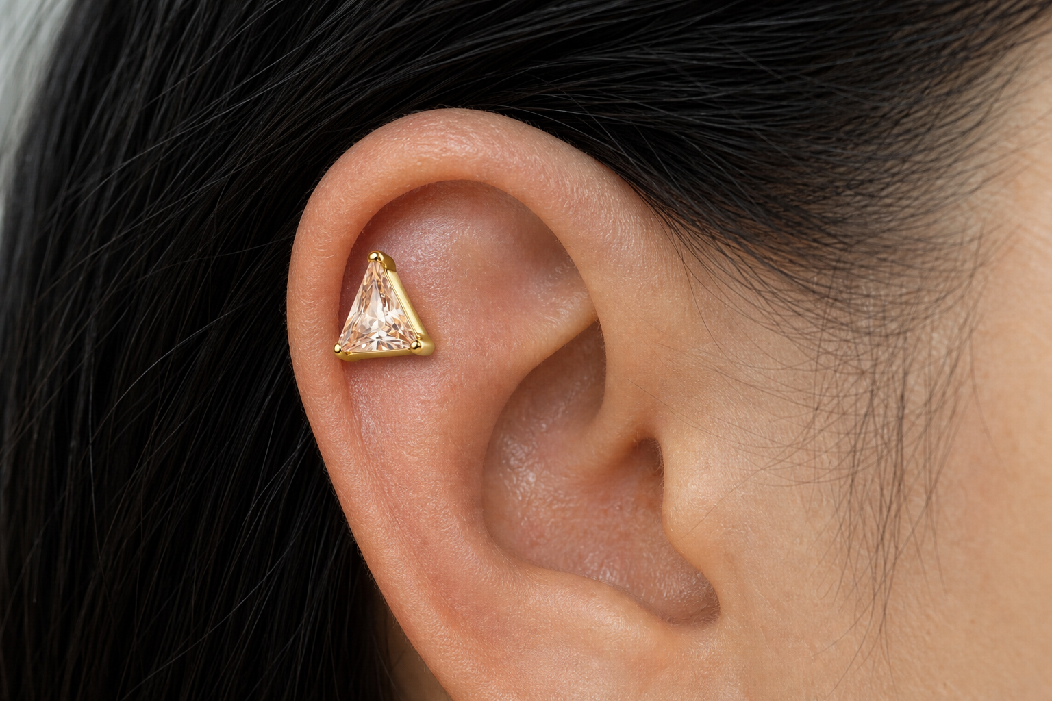 Champagne ASTM F136 Titanium Flat Back - Gold, Threadless, 20G, 0.8 x 6+2.5+3 mm — wearing view six (P-FB-0114-G01)