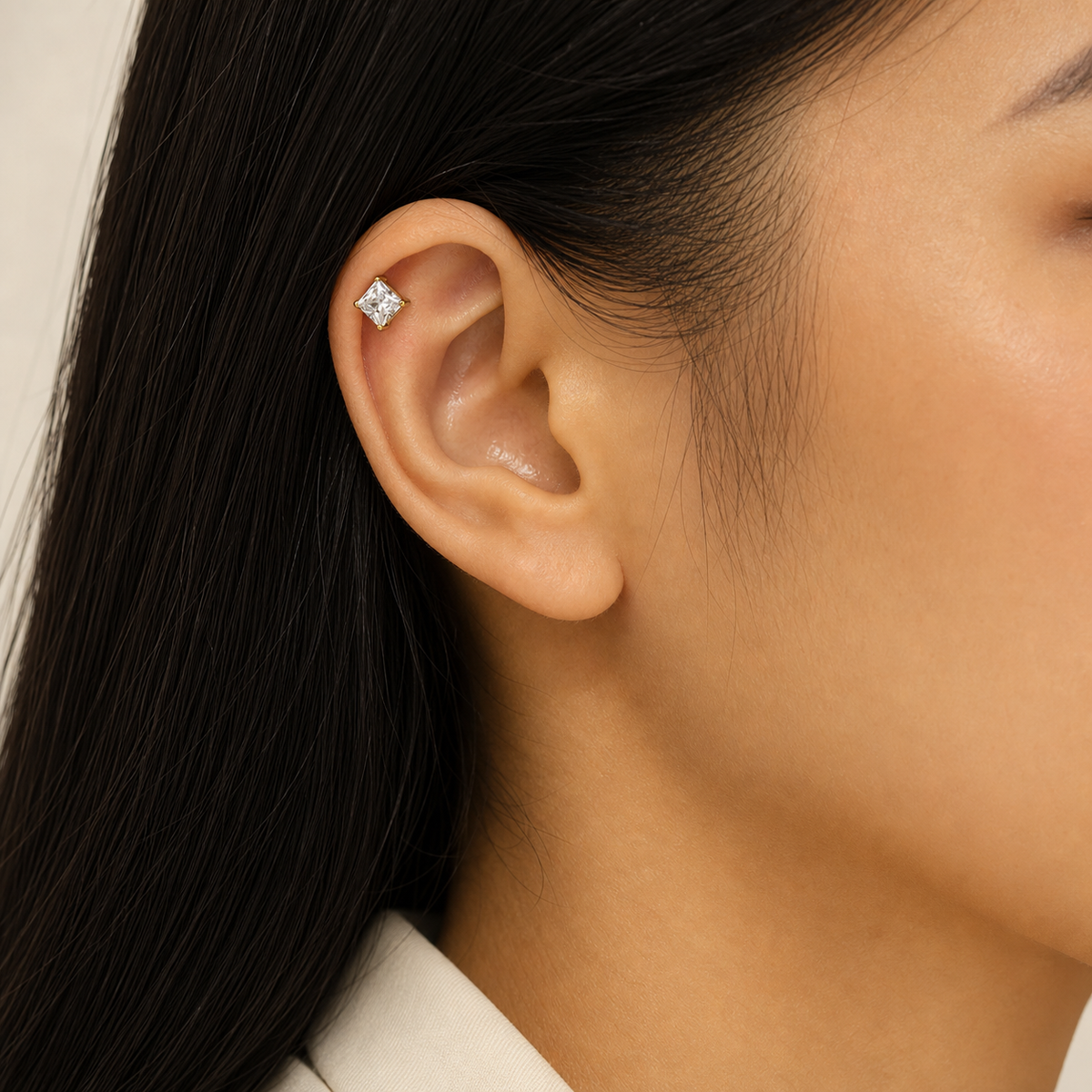 Clear CZ ASTM F136 Titanium Flat Back - Gold, Threadless, 20G, 0.8 x 6+2.5+3 mm — wearing view four (P-FB-0115-G01)