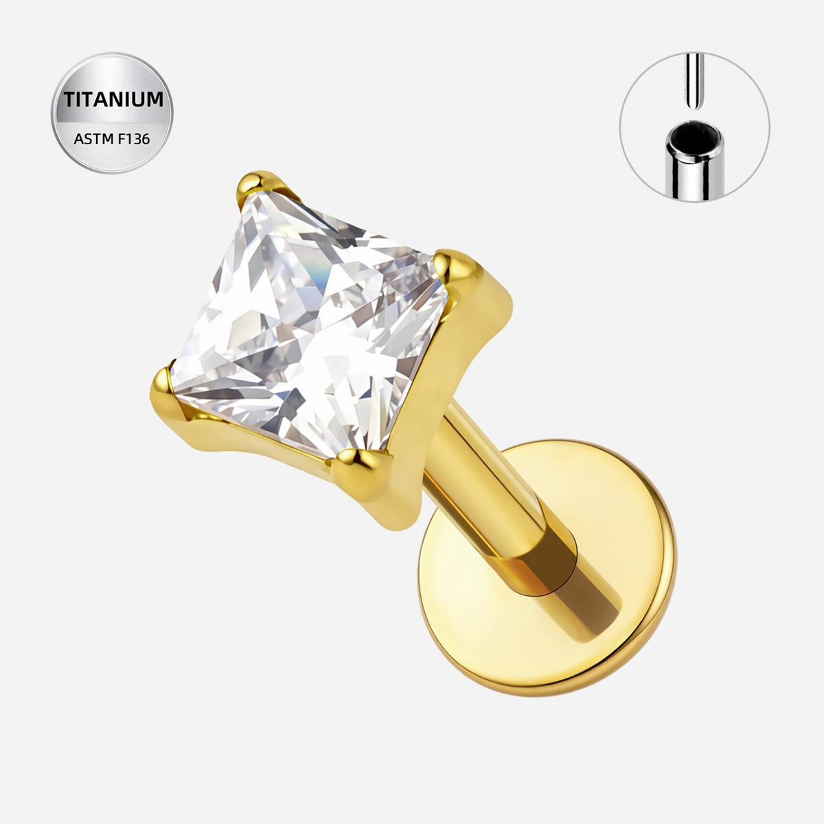 Clear CZ ASTM F136 Titanium Flat Back - Gold, Threadless, 20G, 0.8 x 6+2.5+3 mm — product detail views (P-FB-0115-G01)