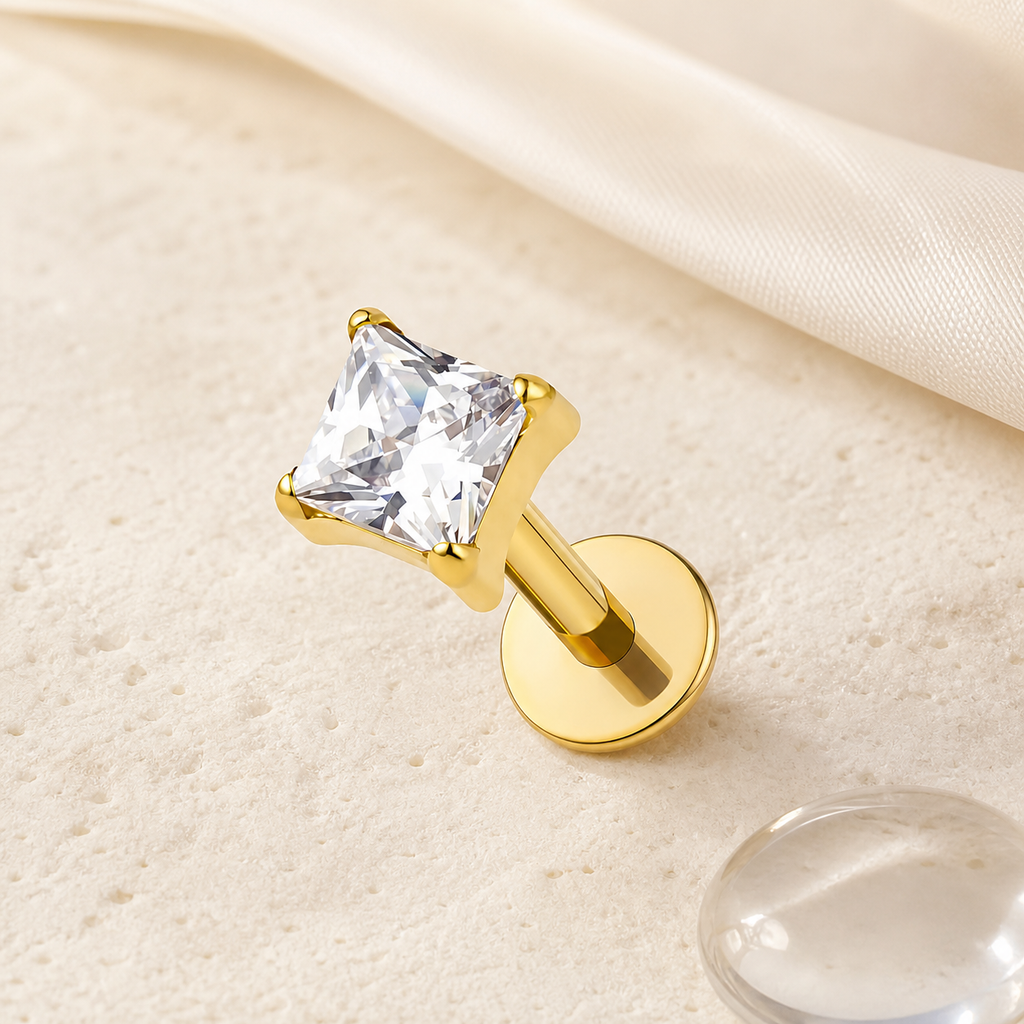 Clear CZ ASTM F136 Titanium Flat Back - Gold, Threadless, 20G, 0.8 x 6+2.5+3 mm — styled flat lay (P-FB-0115-G01)