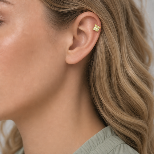 Apple Green-M ASTM F136 Titanium Flat Back - Gold, Threadless, 20G, 0.8 x 6+2.5+3 mm — wearing view two (P-FB-0117-G01)