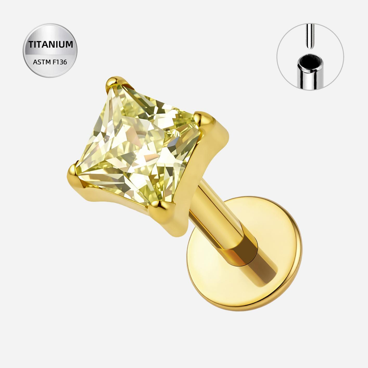 Apple Green-M ASTM F136 Titanium Flat Back - Gold, Threadless, 20G, 0.8 x 6+2.5+3 mm — product detail views (P-FB-0117-G01)