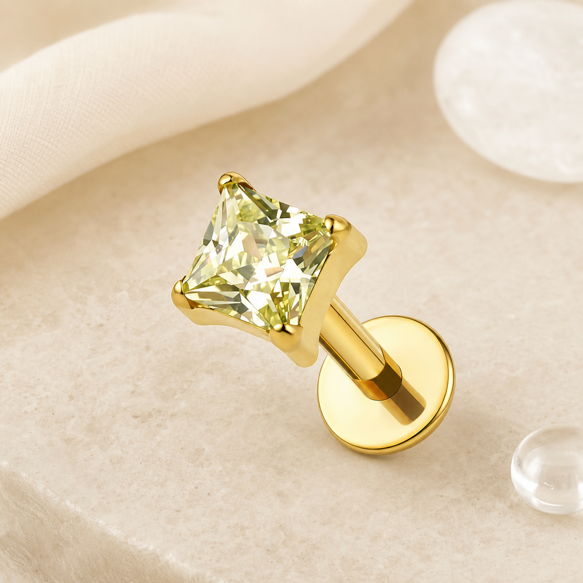 Apple Green-M ASTM F136 Titanium Flat Back - Gold, Threadless, 20G, 0.8 x 6+2.5+3 mm — styled flat lay (P-FB-0117-G01)