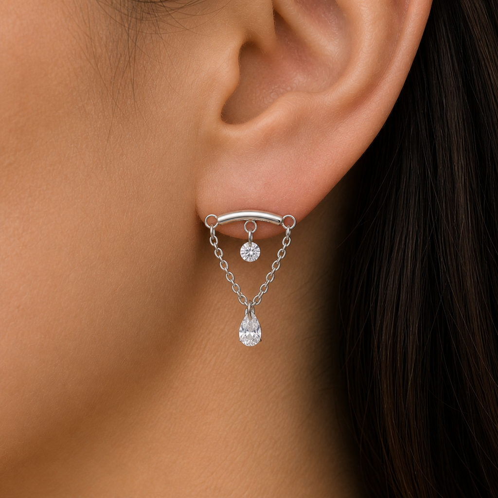 Clear CZ ASTM F136 Titanium Flat Back - Silver, Internally Threaded, 16G, 1.2 x 6+8+4 mm — wearing view two (P-FB-0119-S01)