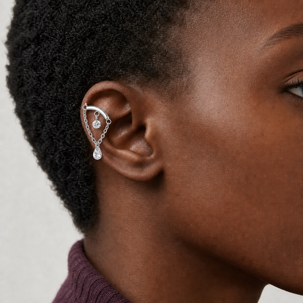 Clear CZ ASTM F136 Titanium Flat Back - Silver, Internally Threaded, 16G, 1.2 x 6+8+4 mm — wearing view two (P-FB-0119-S01)