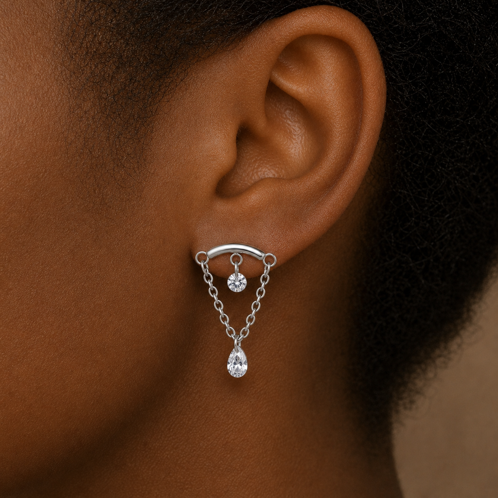Clear CZ ASTM F136 Titanium Flat Back - Silver, Internally Threaded, 16G, 1.2 x 6+8+4 mm — wearing view three (P-FB-0119-S01)