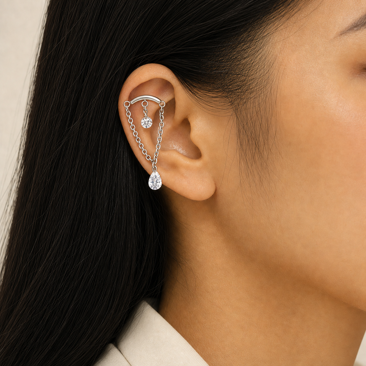 Clear CZ ASTM F136 Titanium Flat Back - Silver, Internally Threaded, 16G, 1.2 x 6+8+4 mm — wearing view three (P-FB-0119-S01)