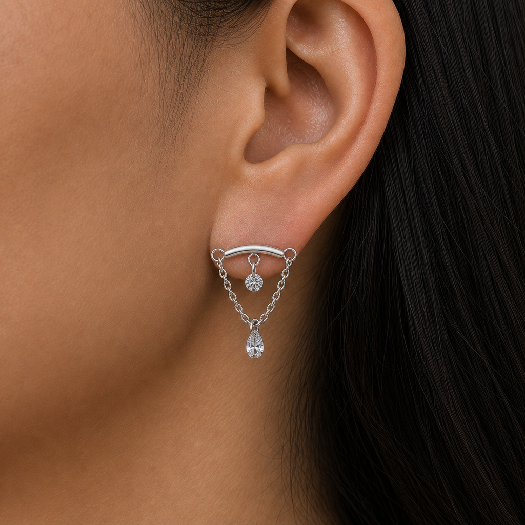 Clear CZ ASTM F136 Titanium Flat Back - Silver, Internally Threaded, 16G, 1.2 x 6+8+4 mm — wearing view four (P-FB-0119-S01)