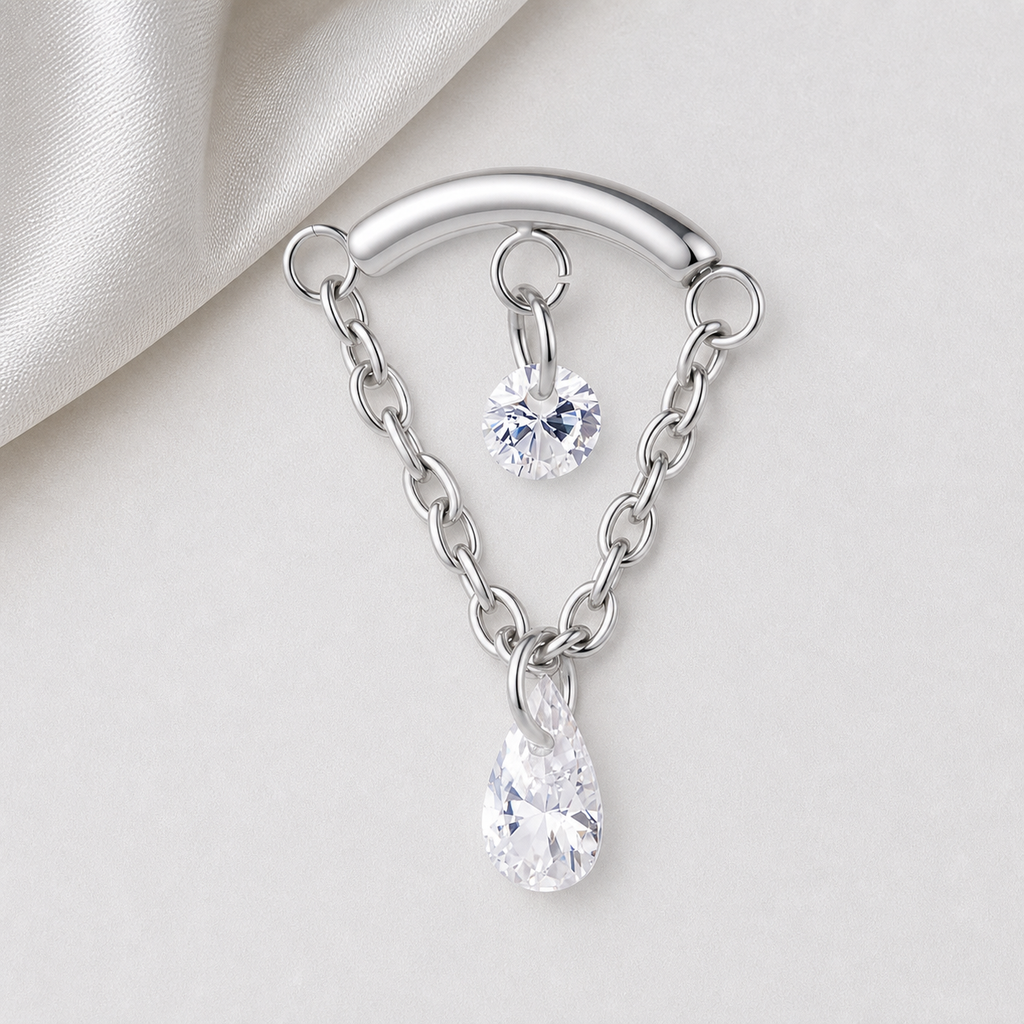 Clear CZ ASTM F136 Titanium Flat Back - Silver, Internally Threaded, 16G, 1.2 x 6+8+4 mm — styled flat lay (P-FB-0119-S01)