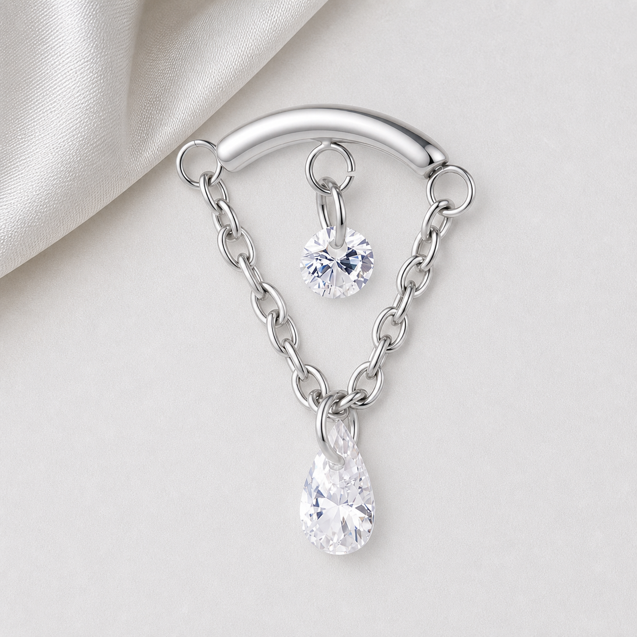 Clear CZ ASTM F136 Titanium Flat Back - Silver, Internally Threaded, 16G, 1.2 x 6+8+4 mm — styled flat lay (P-FB-0119-S01)