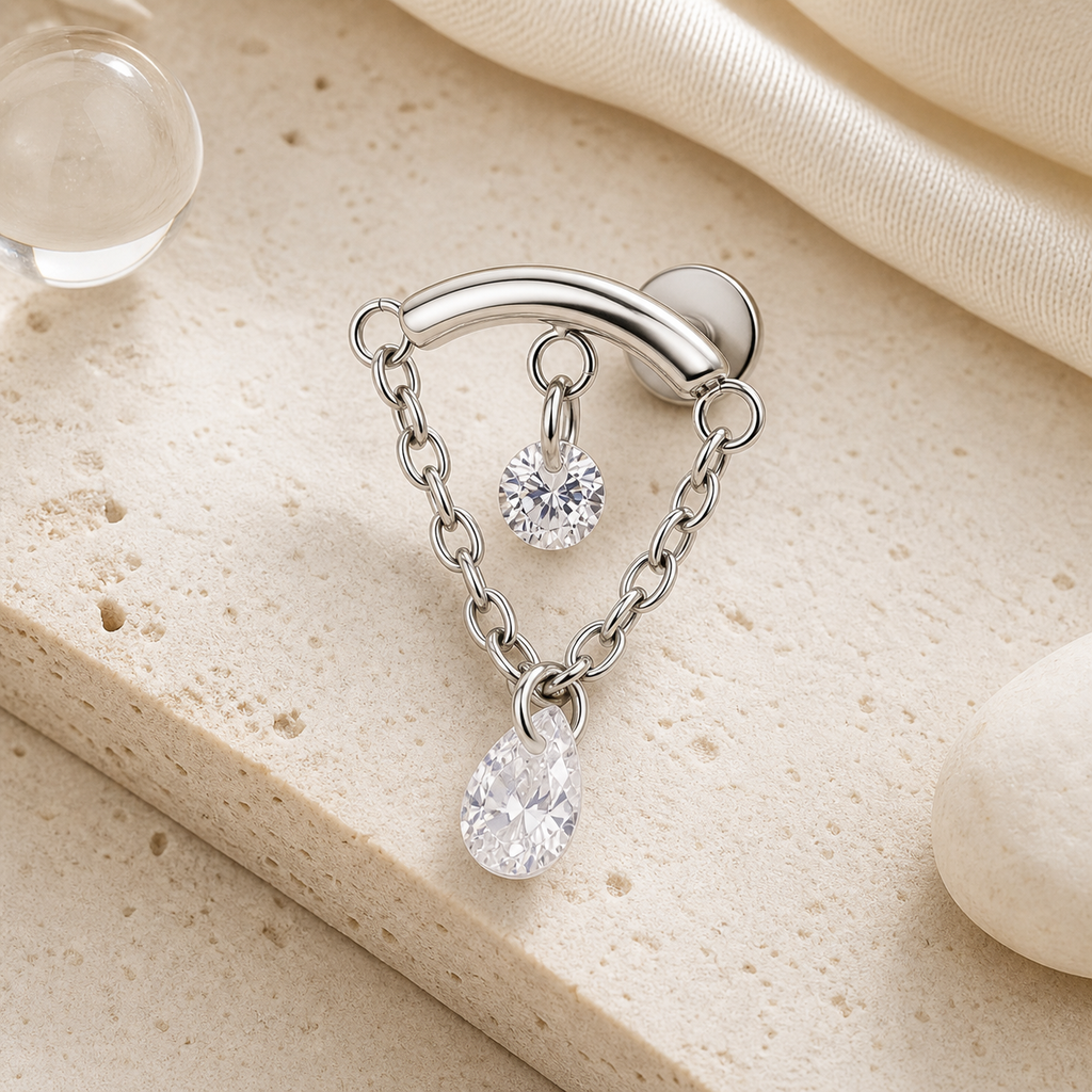 Clear CZ ASTM F136 Titanium Flat Back - Silver, Internally Threaded, 16G, 1.2 x 6+8+4 mm — styled flat lay (P-FB-0119-S01)