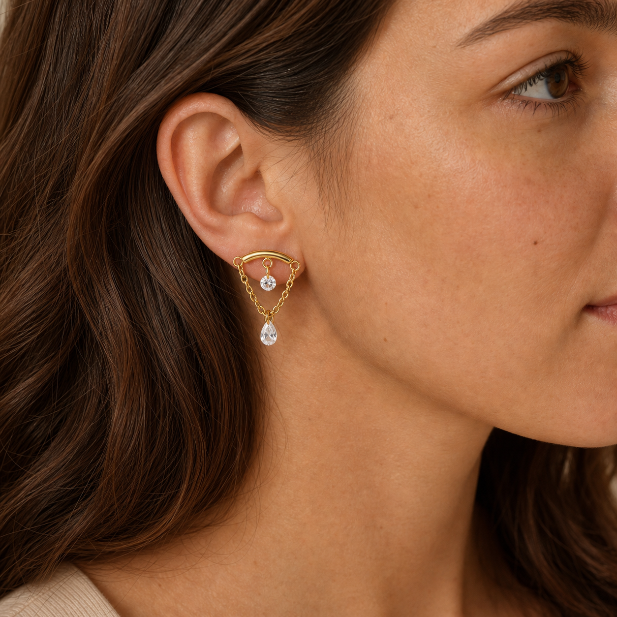 Clear CZ ASTM F136 Titanium Flat Back - Gold, Internally Threaded, 16G, 1.2 x 6+8+4 mm — wearing view four (P-FB-0120-G01)