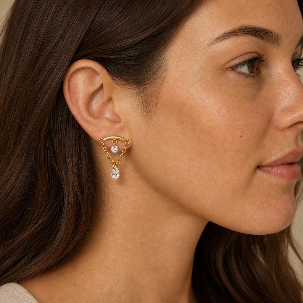 Clear CZ ASTM F136 Titanium Flat Back - Gold, Internally Threaded, 16G, 1.2 x 6+8+4 mm — wearing view one (P-FB-0120-G01)