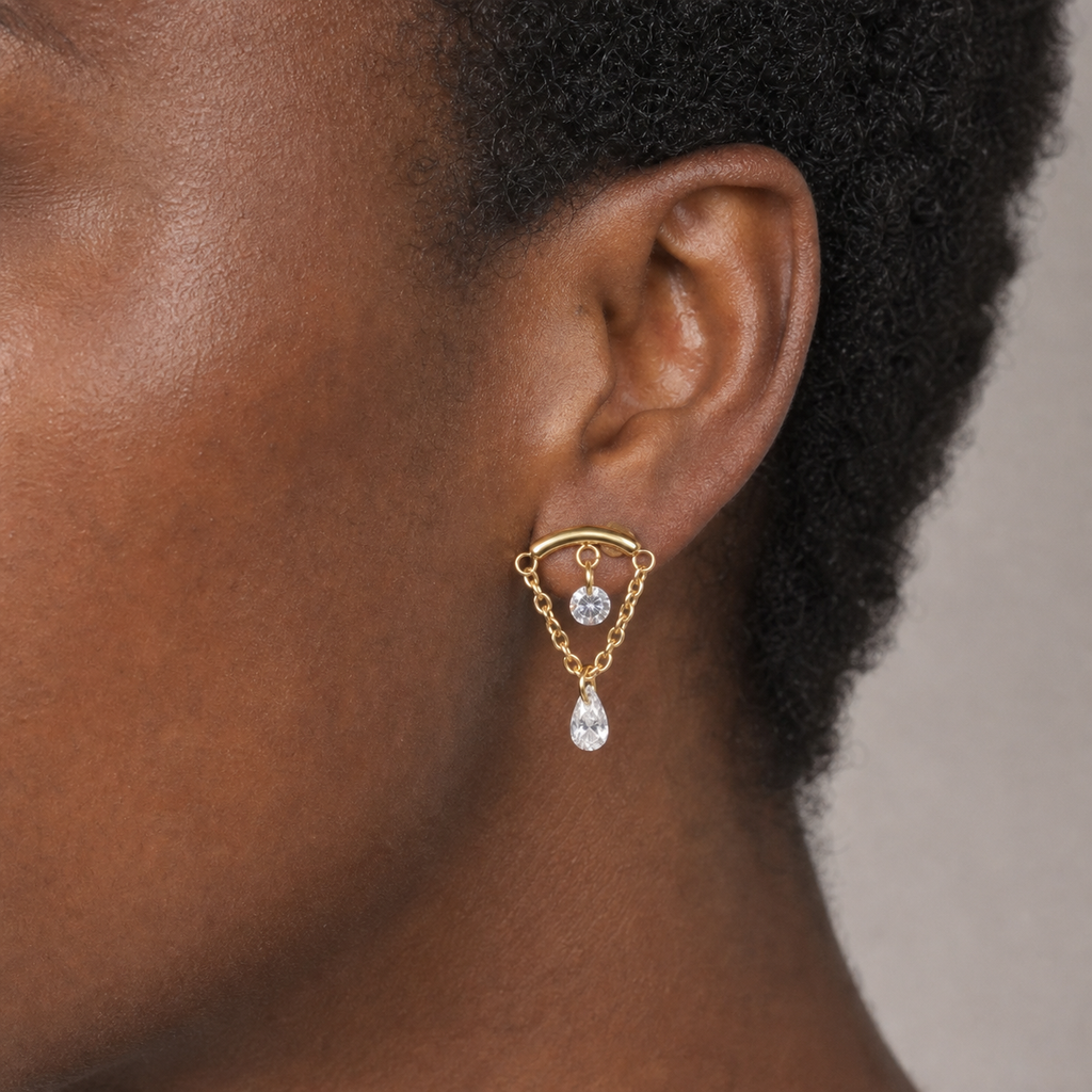 Clear CZ ASTM F136 Titanium Flat Back - Gold, Internally Threaded, 16G, 1.2 x 6+8+4 mm — wearing view two (P-FB-0120-G01)