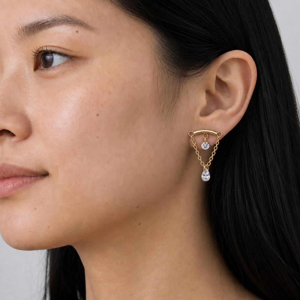 Clear CZ ASTM F136 Titanium Flat Back - Gold, Internally Threaded, 16G, 1.2 x 6+8+4 mm — wearing view three (P-FB-0120-G01)