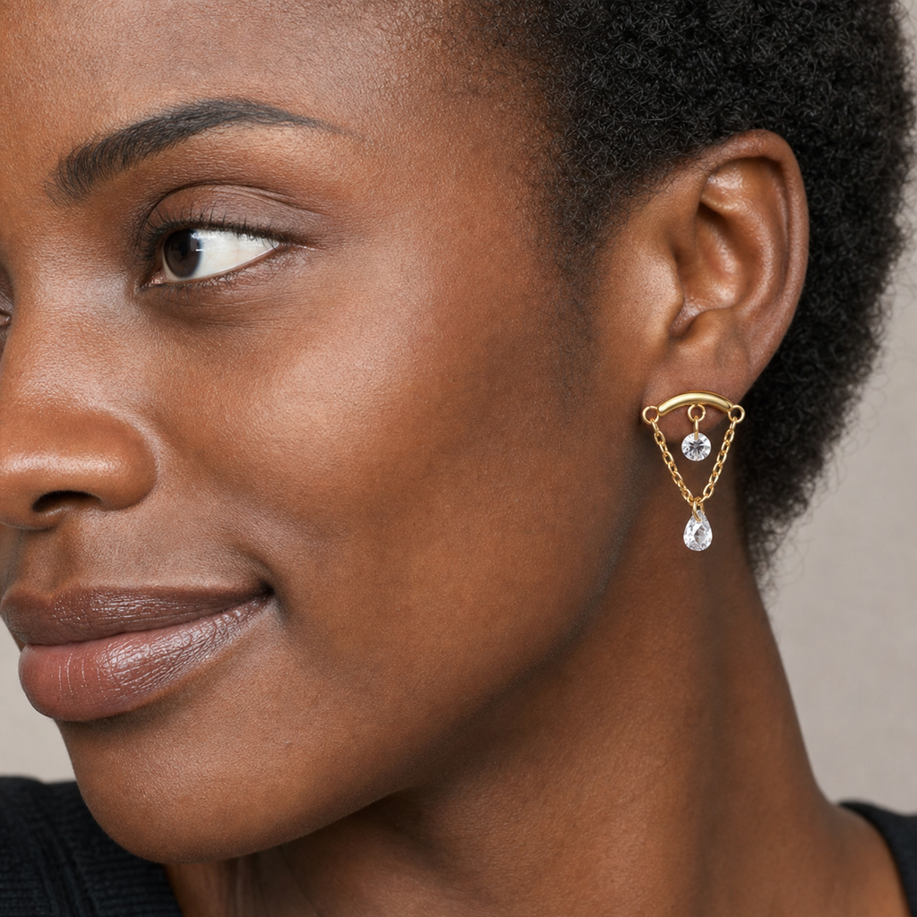 Clear CZ ASTM F136 Titanium Flat Back - Gold, Internally Threaded, 16G, 1.2 x 6+8+4 mm — wearing view five (P-FB-0120-G01)