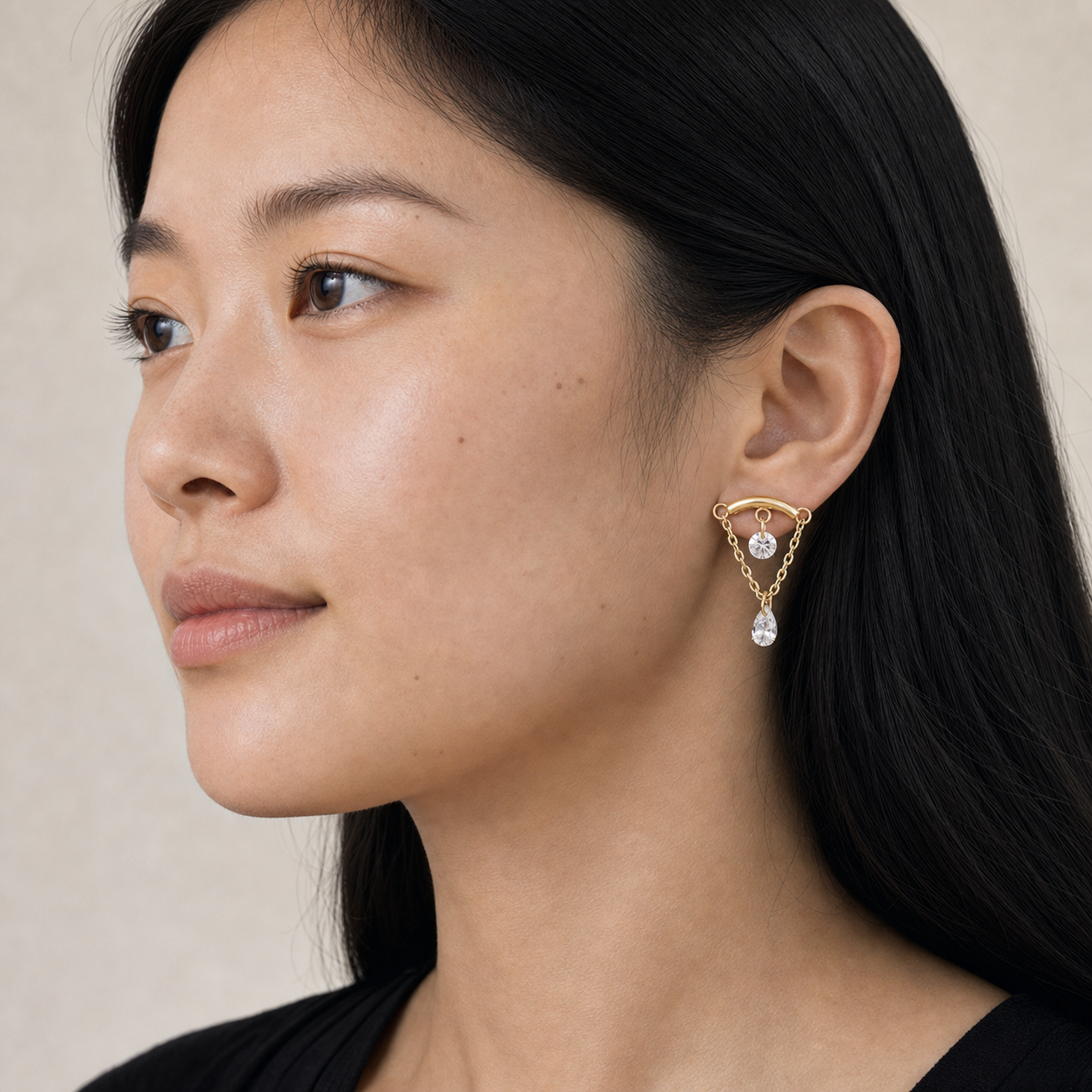 Clear CZ ASTM F136 Titanium Flat Back - Gold, Internally Threaded, 16G, 1.2 x 6+8+4 mm — wearing view six (P-FB-0120-G01)