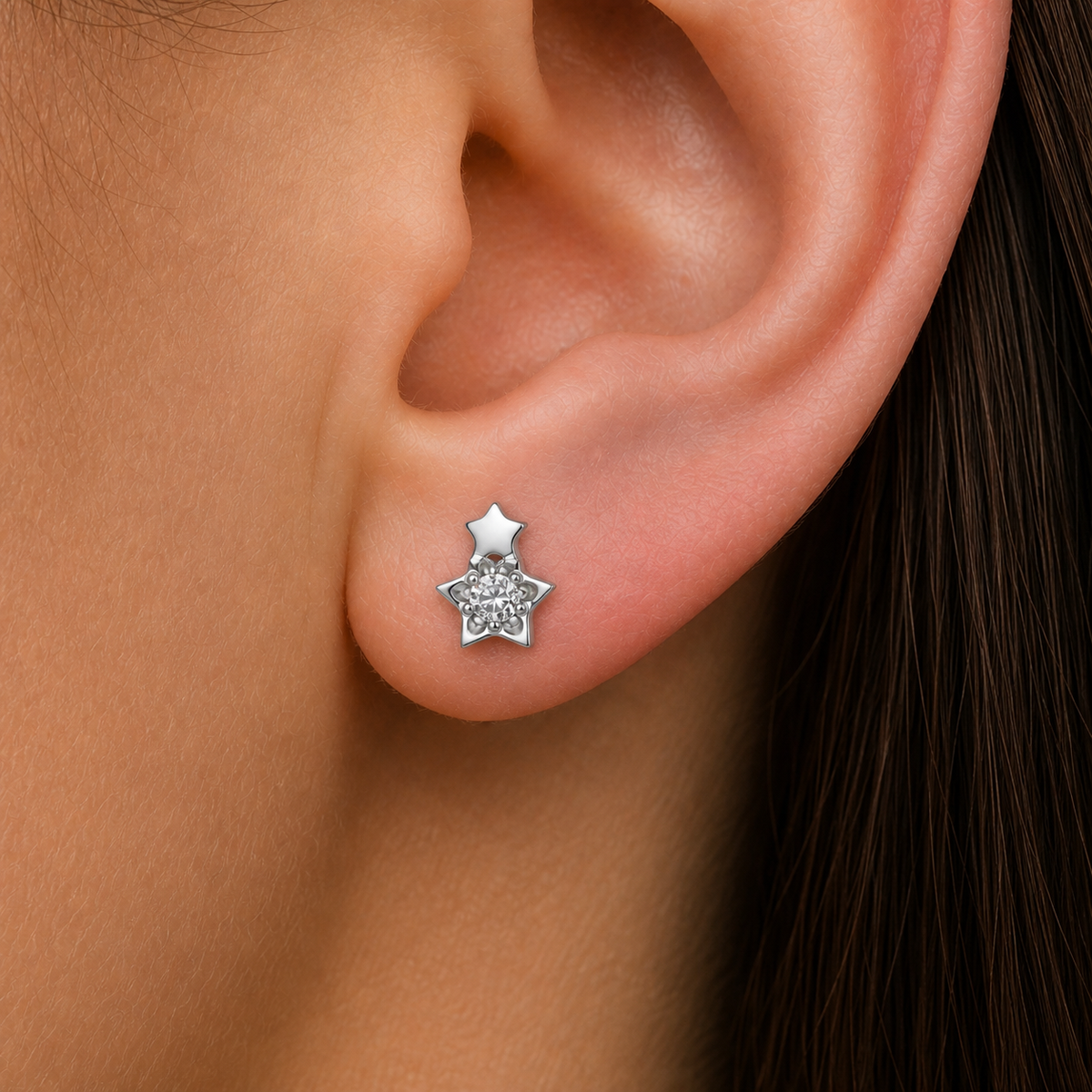 Clear CZ ASTM F136 Titanium Flat Back - Silver, Threadless, 16G, 1.2 x 6+4 mm — wearing view two (P-FB-0121-S01)